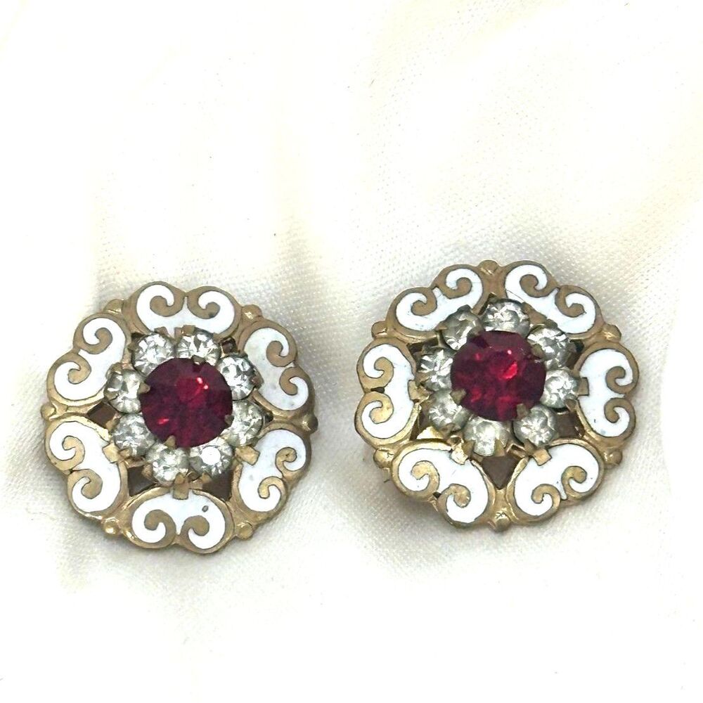Vintage Mini Brooch Set – Ruby Red Center with White Enamel Detail